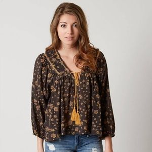 NWT Free People Never a Dull Moment Black Floral Peasant Top